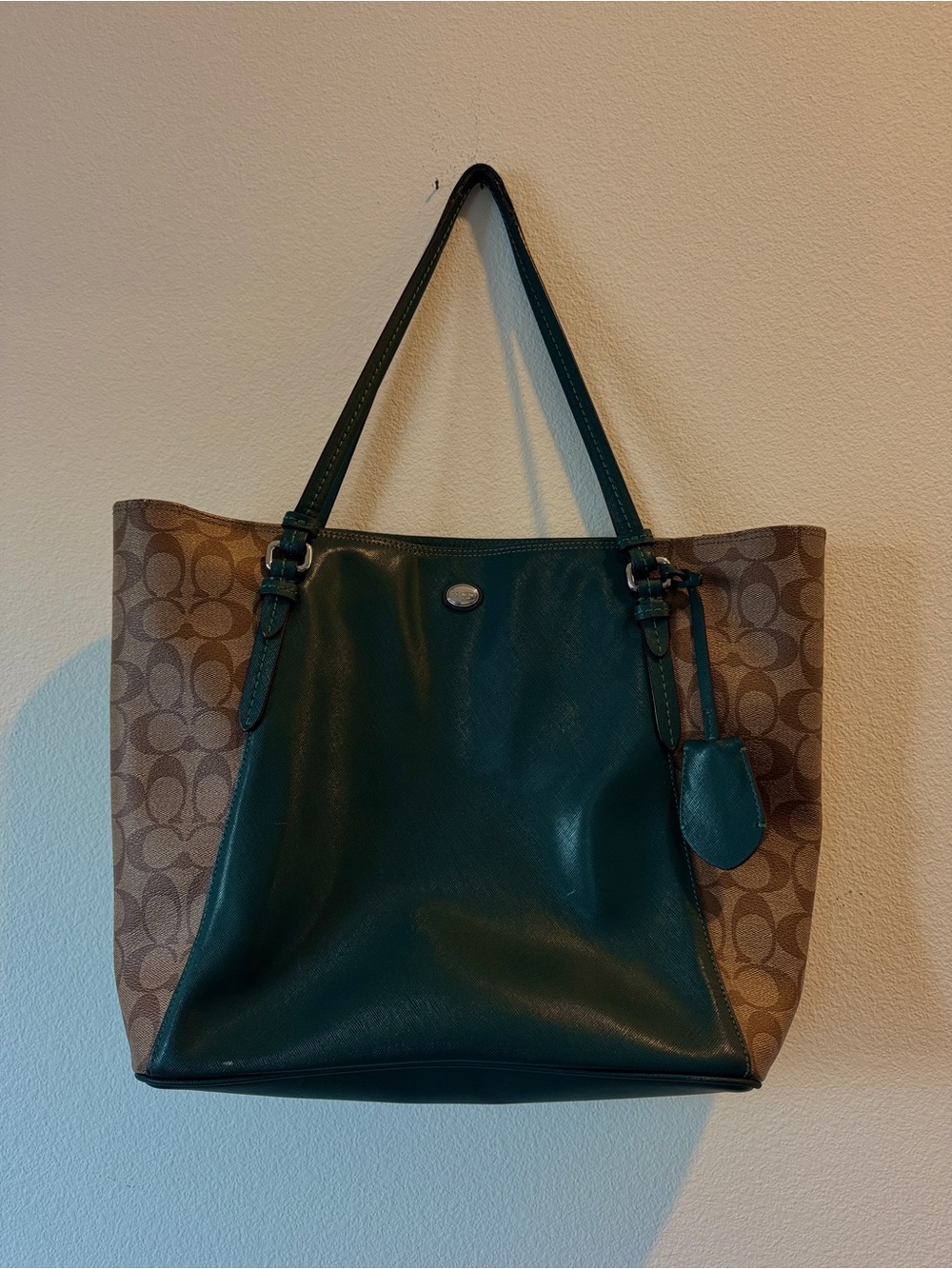 Coach Signature Canvas and Dark Green Leather Tote